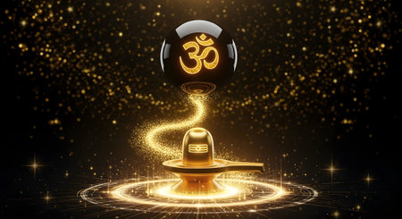 A Golden Shivling with Glowing Om Symbol, Mahadev Shiva Shankar Divine Energy, Maha Shivaratri, Shravan Maas, Bholenath, Kanwar Yatra, Pradosh Vratの写真素材