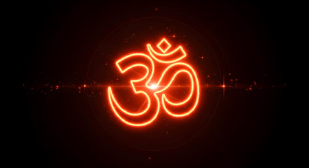 A Glowing Red Om Symbol on Dark Background, Divine Energy, Spiritual Hindu Symbol of Peace and Meditation, Sacred Om Design for Yoga and Devotionの写真素材