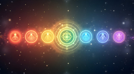 A Seven Chakras Mandala Art with Sacred Geometric Symbols, Spiritual Energy Centers, Healing...