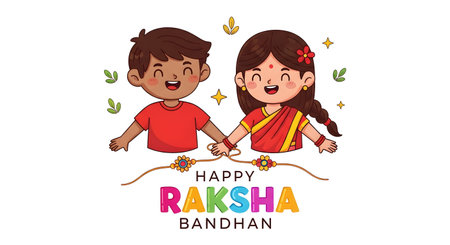 A Cute Cartoon Illustration of Brother and Sister Celebrating Raksha Bandhan Festival with Colorful Rakhi and Happy Expressions Indian Family Love Conceptの写真素材