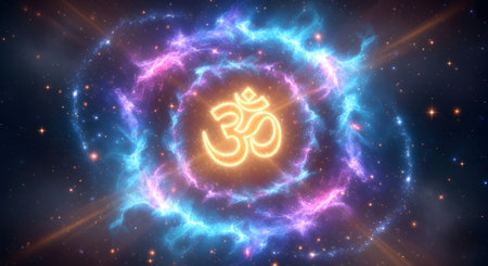 A Radiant Golden Om Symbol in Electric Blue Energy Ring, Hindu Spiritual Vibration in Cosmic Space Representing Divine Sound, Power, Peace and Awarenessの写真素材