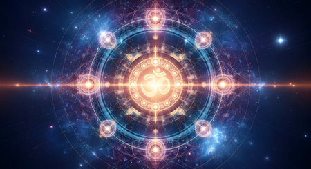 A Golden Glowing Om Symbol in a Mystical Mandala Universe, Sacred Hindu Art Representing Divine Energy, Meditation, Cosmic Balance and Spiritual Awakeningの写真素材