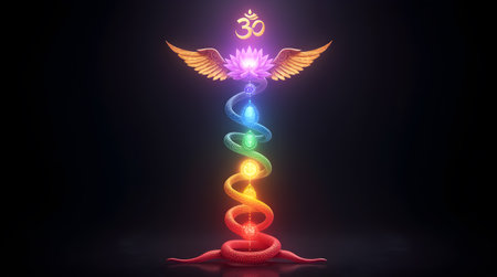 A Kundalini Awakening Energy Art with Chakras, Om Symbol, Golden Wings, Vibrant Spiritual Light for Meditation, Yoga, Healing, Enlightenmentの写真素材