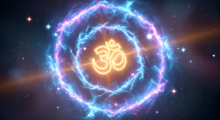 A Radiant Golden Om Symbol in Electric Blue Energy Ring, Hindu Spiritual Vibration in Cosmic Space Representing Divine Sound, Power, Peace and Awarenessの写真素材