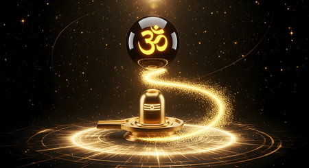 A Golden Shivling with Glowing Om Symbol, Mahadev Shiva Shankar Divine Energy, Maha Shivaratri, Shravan Maas, Bholenath, Kanwar Yatra, Pradosh Vratの写真素材