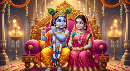 A Radha and Krishna Sitting Together on Royal Throne Playing Flute in Traditional Indian Palace with Spiritual Ambience and Divine Cultural Celebration, Janmashtamiの写真素材