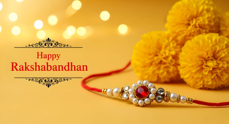 A Traditional rakhi with red thread and pearl design placed with yellow marigold flowers on yellow background for Indian festival Raksha Bandhan celebration,の写真素材