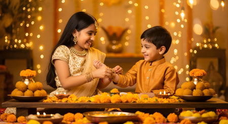A Sister tying rakhi to smiling brother during Raksha Bandhan celebration at home, festive background with sweets, flowers and traditional Indian decorの写真素材