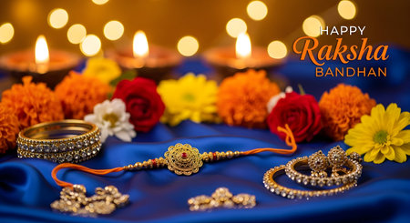 A Beautiful Rakhi with Flowers and Traditional Jewelry on Blue Silk Fabric for Raksha Bandhan Celebration and Indian Cultural Festival Backgroundの写真素材
