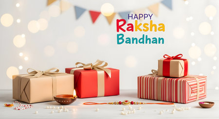 A Gift boxes and decorative rakhi with lit diya celebrating Raksha Bandhan festival with love, light, and joy in traditional Indian festive atmosphereの写真素材