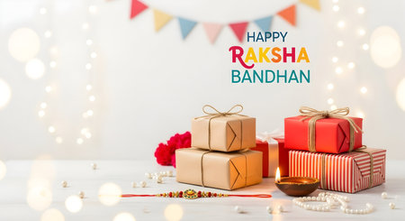 A Gift boxes and decorative rakhi with lit diya celebrating Raksha Bandhan festival with love, light, and joy in traditional Indian festive atmosphereの写真素材