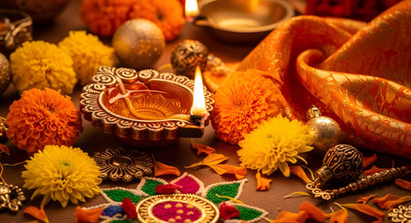 A Traditional diya with glowing flame, marigold flowers, festive rangoli, and decorative elements...