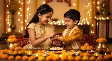 A Sister tying rakhi to smiling brother during Raksha Bandhan celebration at home, festive background with sweets, flowers and traditional Indian decorの写真素材