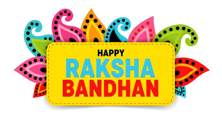A Colorful Raksha Bandhan Greeting with Decorative Paisley Motifs and Bold Text on Yellow Background for Indian Festival Celebration Design and Social Mediaの写真素材