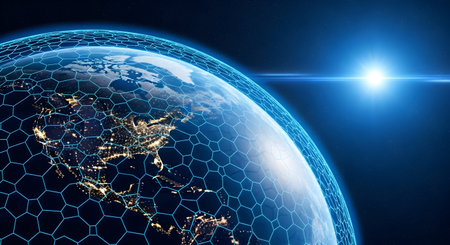 A Digital Earth view with illuminated city lights and futuristic hexagon grid representing global...