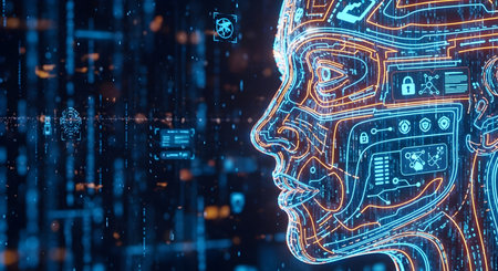 A Digital technology concept showing artificial intelligence human face with glowing circuit lines and data processing interface used for futuristic innovation themesの写真素材