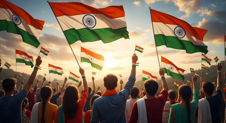 A Group of people celebrating with Indian national flags during vibrant sunset showing unity patriotism cultural pride independence republic spirit and national identityの写真素材