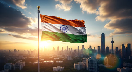 A Indian national flag waving with pride at sunrise above modern city skyline showing independence unity patriotism republic spirit and national prideの写真素材