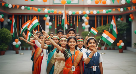 A Indian school children celebrating national pride in colorful ethnic and uniform attire with flags...