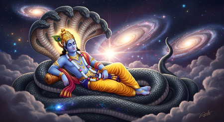 A Illustration of Lord Vishnu resting on Sheshnag in cosmic universe surrounded by galaxies divine...