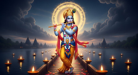 A Mesmerizing illustration of Lord Krishna standing on temple bridge surrounded by glowing diyas and...