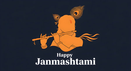 A Silhouette style illustration of Lord Krishna playing flute with glowing peacock feather on dark background concept for Janmashtami spiritual celebration and devotional artworkの写真素材