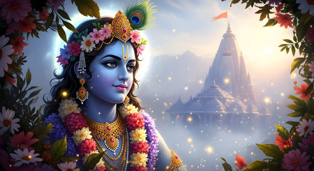 A Divine digital painting of Lord Krishna with floral garland and peacock feather standing in front...