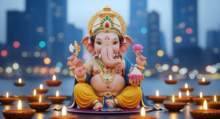 A Lord Ganesha seated with decorative diya lamps on wooden platform during Ganesh Chaturthi...