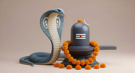 A Realistic cobra snake near decorated shivling with marigold garland and sacred symbols for Hindu...