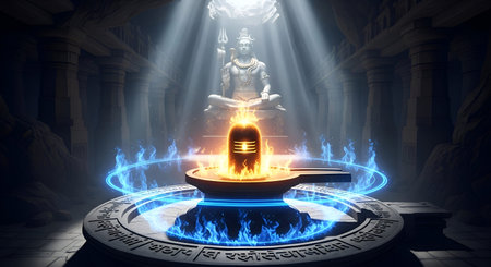 A Glowing Shivling Surrounded by Blue Sacred Fire with Lord Shiva Statue in Temple Divine Energy Mahadev Shankar Bholenath Hindu Spiritual Lingam Worship Meditationの写真素材