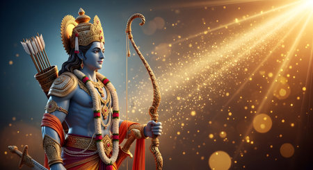 A Blue skinned divine warrior archer with golden crown and glowing bow and arrow spiritual festival...