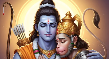 A Divine digital illustration of Lord Shree Ram embracing Hanuman with emotional expressions...
