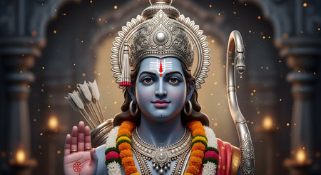 A Sacred digital illustration of divine figure Lord Ram standing with silver bow and arrows adorned in royal traditional attire glowing with fireflies and garland in temple backdropの写真素材