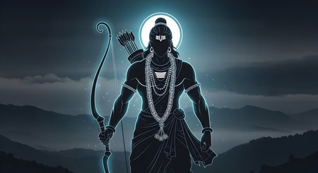 A Dark silhouette of divine blue warrior holding bow and arrow glowing with spiritual aura in misty...