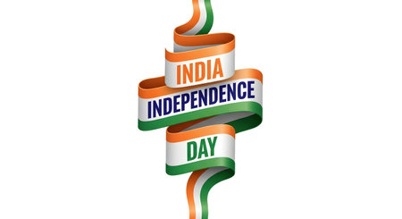 A Creative ribbon design in Indian tricolor theme featuring bold India Independence Day text concept...