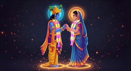 A Radha Krishna spiritual artwork standing together holding hands in traditional dress with garland and cosmic glowing background for Janmashtami Radhashtami Holi Hindu festival celebration artの写真素材