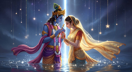 A Krishna Radha spiritual artwork water reflection flute with garland jewelry peacock feather crown and night sky star background for Janmashtami Radhashtami Holi festival celebration art printの写真素材