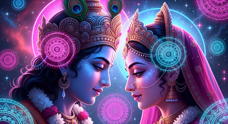 A Radha Krishna wearing traditional crown and jewelry with glowing background and mandala art in spiritual blue pink cosmic light for Janmashtami Holi Radhashtami Hindu festival celebrationの写真素材