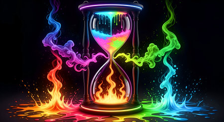 A Colorful Hourglass with Dripping Liquid Neon Paint and Vibrant Smoke Effects Representing Concept of Time Energy Creativity and Fantasy in Digital Abstract Artworkの写真素材