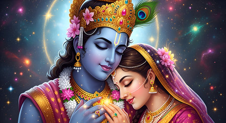A Beautiful divine Radha Krishna in cosmic background with stars and glowing lights representing love peace devotion spirituality Indian culture happiness meditation festival celebrationの写真素材