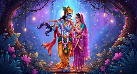 A Beautiful Radha Krishna standing in forest with Krishna playing flute under glowing lights and starry night sky representing love devotion spirituality peace Indian culture celebrationの写真素材
