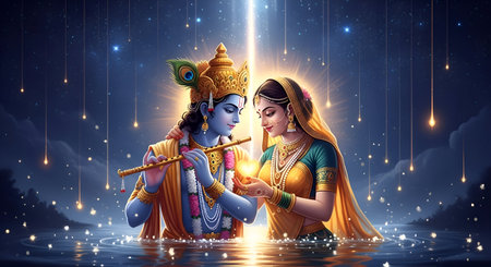 A Divine Krishna Radha Spiritual Love Scene in Magical Night Sky with Stars and Water Reflections Depicting Eternal Bond and Devotion for Religious Festival Themesの写真素材