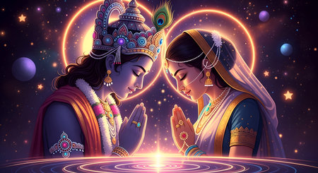 A Radha Krishna praying together with folded hands under glowing stars and planets in spiritual cosmic background representing divine love devotion faith Indian culture Janmashtami Holi festivalの写真素材