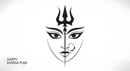 A Navratri Durga goddess face line art with trishul minimal black ink style illustration on white...