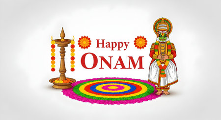 A traditional kathakali dancer with colorful pookalam floral decoration and brass lamp celebrating...