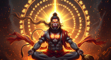 A Divine fiery digital artwork of lord hanuman sitting in deep meditation glowing with ram mantra...