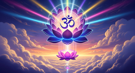 A Spiritual digital artwork of glowing om symbol above vibrant lotus flowers in mystical cloud sky...