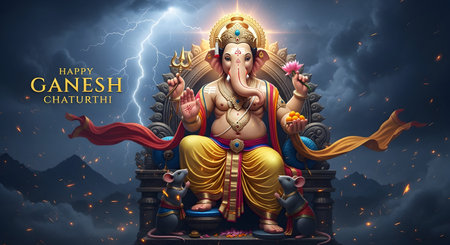A Lord ganesha sitting on royal throne with traditional ornaments modak lotus and mice in background...