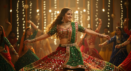 A Indian woman dancing in colorful red and green lehenga during Navratri Diwali Dussehra Durga Puja...
