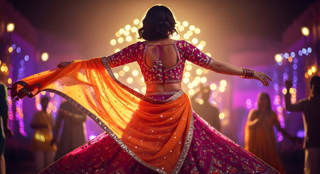 A Rear view of Indian woman dancing in vibrant pink and orange lehenga during Navratri Diwali...